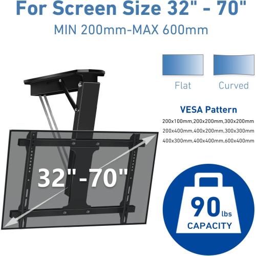 Electric Ceiling TV Mount with Remote, Motorized Ceiling Mount TV Bracket Flip Down for 32 to 70 inch Flat Curved Screen Mount Drop Down for Flat Pitched Roof Indoor Outdoor