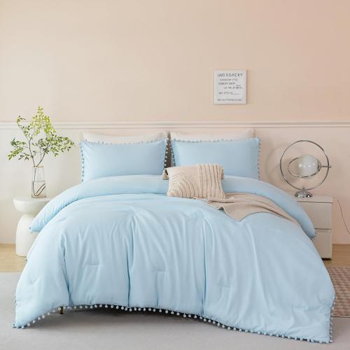PERFEMET 3 Pieces Full Bed in A Bag Light Blue Pom Pom Bedding Set for Girls Boys Soft Fluffy Boho Solid Bedding Comforter Set with Sheets(Light Blue, Full)