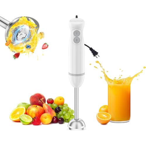 Bonsenkitchen Hand Blender, Immersion Blender with 2 Mixing Speed, Electric Portable Handheld Stick Mixer with Stainless Steel Blades for Soup, Smoothie, Puree, Baby Food, White