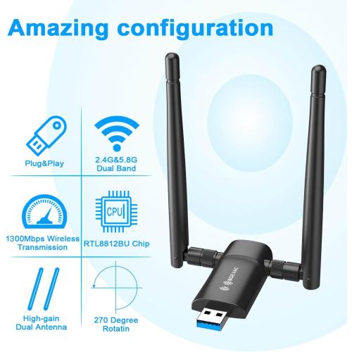 Black Wireless USB WiFi Adapter for PC - Nineplus 1300Mbps Dual 5Dbi Antennas 5G/2.4G WiFi Adapter for Desktop PC Laptop Windows11/10/8/7/Vista/XP, Wireless Adapters for Desktop Computer Network Adapters
