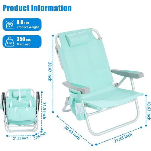 SUNNYFEEL Low Beach Chair 2 Pack, 5-Position Lay Flat Reclining, Backpack Portable Folding Chairs with Cooler Bag & Cup Holder, Heavy Duty 350 LBS, Compact for Beach, Camping, Travel‼️ light dirt spots‼️