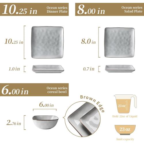 Famiware Dinnerware Sets for 8, Ocean Square 24-Piece Kitchen Plates and Bowls Sets, Microwave and Dishwasher Safe, Scratch Resistant, Grey