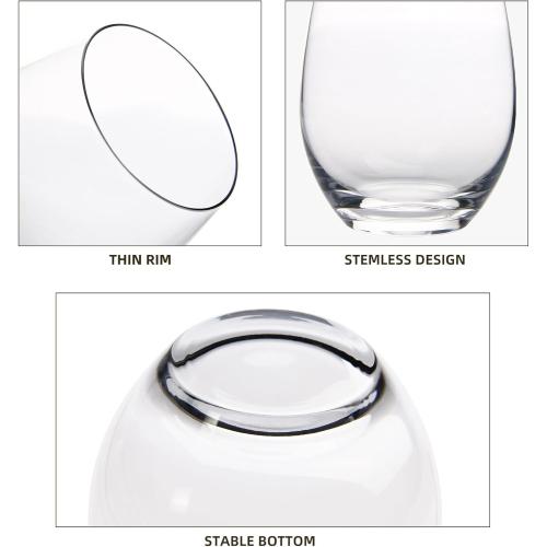 Stemless Wine Glasses Set of 12, 15 Ounce Smooth Rim Standard Wine Glass Tumbler for Red, White Wine, Dishwasher Safe