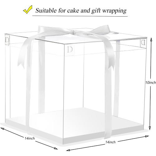 XININSUN 14x14x12inch clear cake box with ribbon,12inch14inch tall cake boxes for tiered cakes,layer cake carrier,disposable cake containers for wedding birthday party and gift display-White