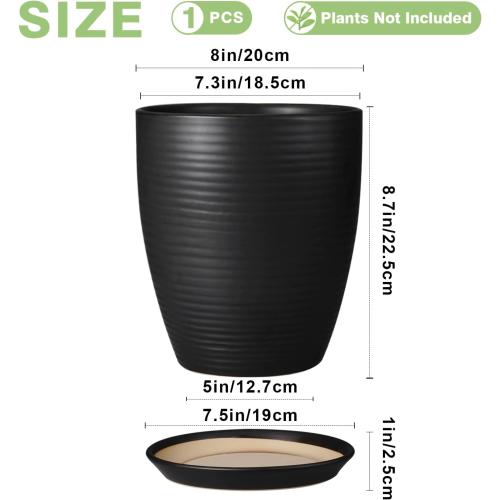 Ceramic Plant Pot - 8 Inch Ceramic Planter for Indoor Plants Glazed Round Flower Pot with Drainage Hole and Saucer Black