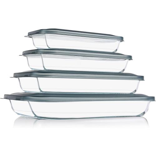 BROKEN UNITS INSIDE KOMUEE 8 Pieces Glass Baking Dish with Lids Rectangular Glass Baking Pan Bakeware Set with Lids, Baking Pans for Lasagna, Leftovers, Cooking, Kitchen, Fridge-to-Oven, Gray