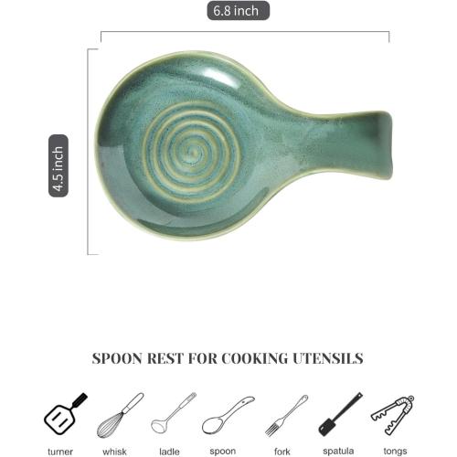Spoon Rest for Kitchen, Ceramic Spoon Holder for Kitchen Counter, Cooking Spoon Holder, Farmhouse Cooking Utensil Holder for Spoons, Ladles, Spatula, Teal Green