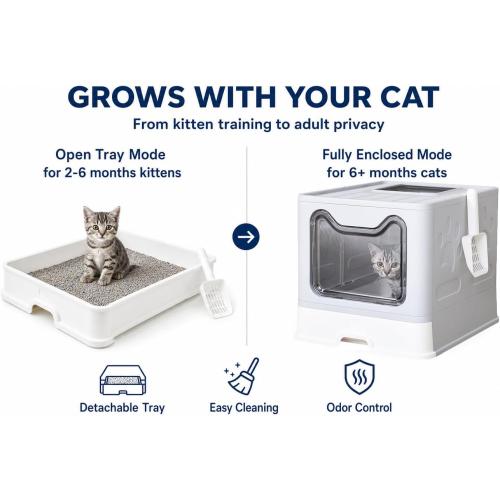 Medario Cat Litter Box with Litter Mat and Scoop, Large Covered Litter Box with Lid, Enclosed Kitty Box, Front Entry Top Exit, Odor Control, Easy to Clean (Grey)