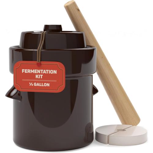 Fermentation Crock 1/2 Gallon - Sauerkraut Crock with Lid, Weights & Pounder - Ceramic Fermenting Crock Kit for Pickling Cabbage Kimchi Vegetables - 2 Liter Fermentation Jar - Stoneware Pickle Pot color green water