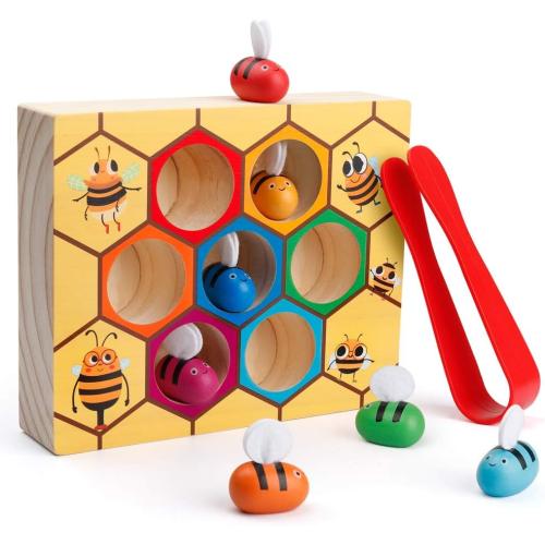 Coogam Toddler Fine Motor Skill Toy, Clamp Bee to Hive Matching Game, Montessori Wooden Color Sorting Puzzle, Early Learning Preschool Educational Gift Toy for 3 4 5 Years Old Kids
