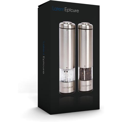 Electric Salt & Pepper Grinder Set – Battery Operated Stainless-Steel Mills & Shakers with Light, Adjustable Ceramic Grinders & Acrylic Rest Tray