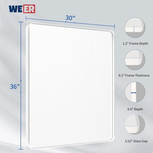 WEER White Bathroom Mirror 36X30 Inch, Rounded Rectangle White Metal Frame Mirror, Matte White Bathroom Vanity Mirror with Tempered Glass, Anti-Rust, Hangs Horizontally or Vertically