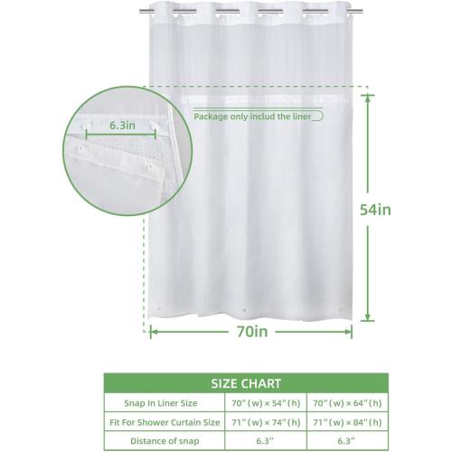 1 Pack PEVA Snap-in Shower Curtain Liner Replacement,Compatible with No Hook Shower Curtain with Snap in Liner, Removable & Water-Repellent,Machine Washable,70x54,Frost