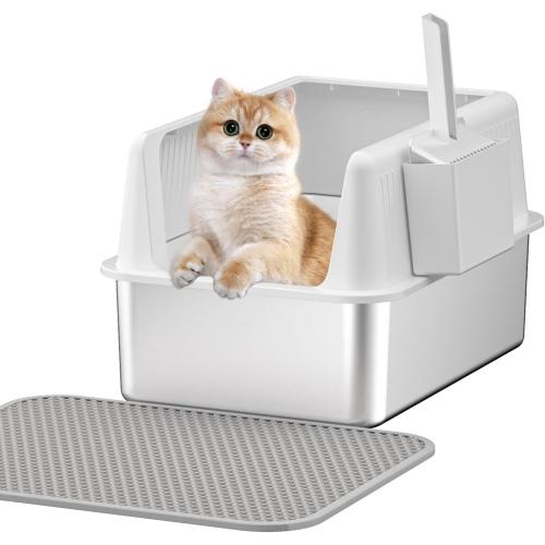 Stainless Steel Cat Litter Box with Lid,XL,19.7”L x 13.8”W x 11.8”H Deep,Metal Litter Box with High Side,for Small and Large Cats,with a Scoop and Scoop Storage Box Litter Mat Double,Easy Cleaning