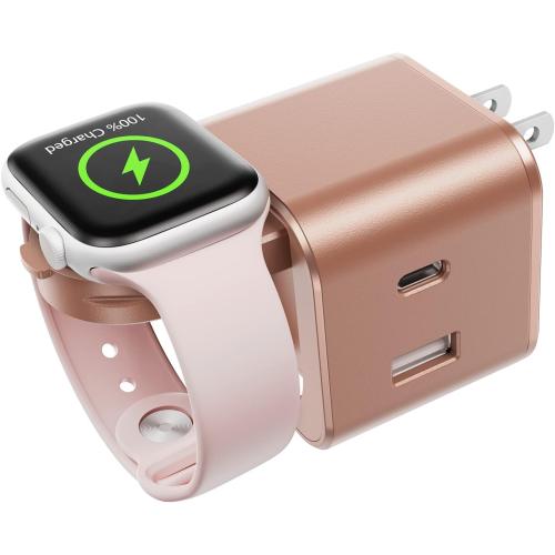 36W for Apple Charging Block with Built-in Watch Charger, Foldable PD Fast Charger Block for iPhone, Dual Ports Wall Charger Compatible with Apple Watch iPhone AirPods(Rose Gold)