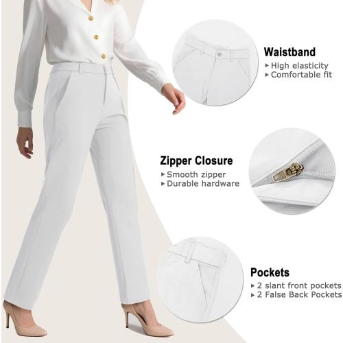 X14 Regular iChosy Women's Stretchy Straight Leg Dress Work Pants Business Office Casual Slacks with Pockets White