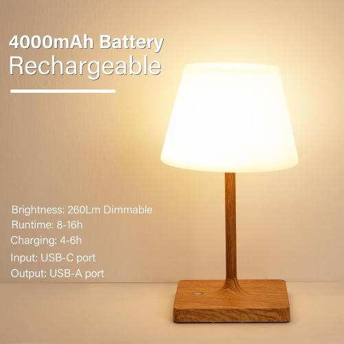 Cordless Table Lamp Waterproof,4000mAh Battery Rechargeable Desk Lamp for Indoor & Outdoor Use,3 Color-temps & Dimmable LED Night Light for Shower Bedroom Restaurant Bathroom Home 10.8H- Wood Grain