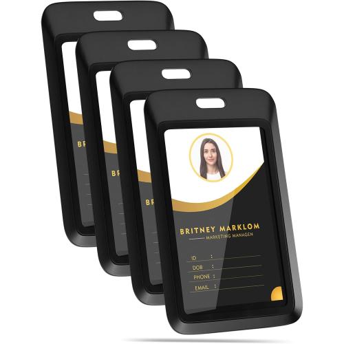 4 Pack Sliding Black ID Badge Holder, Heavy Duty Plastic ID Badge with Clear Window, Vertical Key Card Holder Protector Pouch for Office School ID Cards Proximity Key Cards Drivers Licenses & Passes