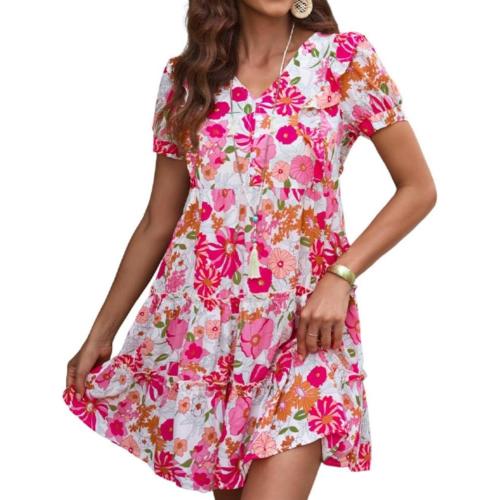 Size L Fashionable Versatile Dress for Women's V-Neck Pullover Floral Short Skirt Women