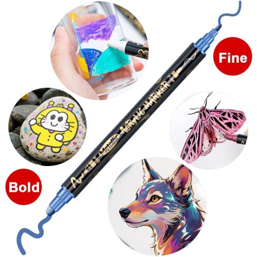 TRANSON 12Colors Metallic Paint Markers Bold and Fine Dual-tip for Rock Wood Ceramic Canvas DIY Painting Drawing