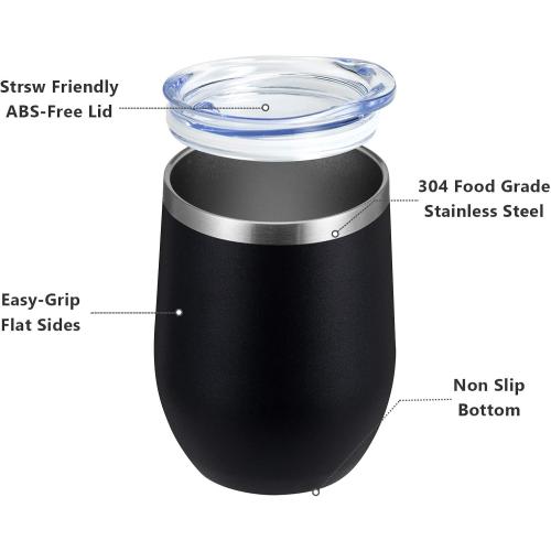 MEWAY 12oz Wine Tumbler 16 Pack Bulk Gifts for Women,Double Wall Vacuum Stainless Steel Travel Mug with Lid,Insulated Stemless Wine Cup Glass for Coffee,Cocktails,Drinks(Black,Set of 16)