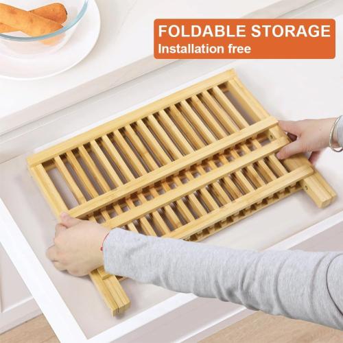 KKTONER Bamboo Dish Drying Rack 2 Tier Foldable Plate Organizer Collapsible Plate Organizer Holder for Kitchen Countertop (Natural)