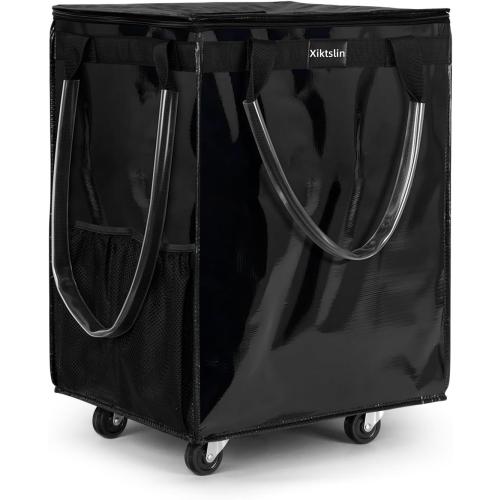 (Large, Black) Reusable Grocery Bag on 5 Wheels, Foldable Rolling Tote Carries Up to 76lb Shopping Trolley, Rolling Bag with 3 Handles, Zipper Clouser Rolling Tote Bag with Wheels for Laundry