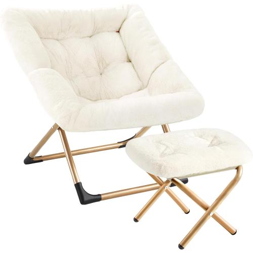 Youtanic Comfy Oversized Saucer Chair with Ottoman,Soft Faux Fur Reading Lounge Chair for Adults,Stable X-Large Metal Frame and Non-Slip Pad,Cozy Chair for Bedroom, Living Room, Dorm, Office, Beige