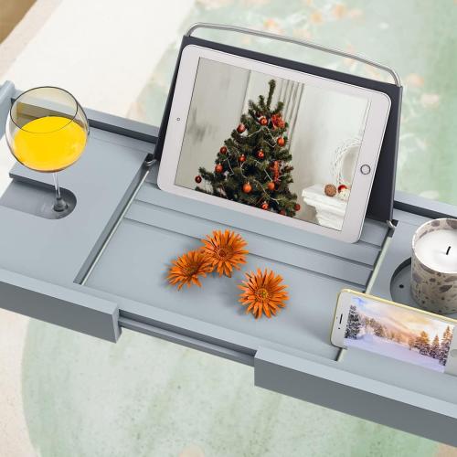 Bath Caddy Tray for Bathtub - Bamboo Adjustable Organizer Tray for Bathroom with Soap Dish Suitable for Luxury Spa or Reading(Bluish Grey)