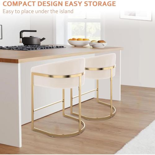 Set of 2 Size 27 Color beige and gold Counter Height Bar Stools Set of 2, Modern 27 H Barrel Counter Stools with Shell Back, Gold Velvet Bar Stools for Kitchen Island, Comfortable Velvet Upholstered Bar Stools with Backrest, Beige
