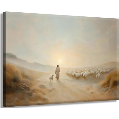 Jesus Leaves the 99 Wall Art Jesus Sheep pictures Wall Decor The Lost Lamb Poster Print Christian Landscape Painting Artwork for Gallery Church Home Decoration 24x16in Canvas
