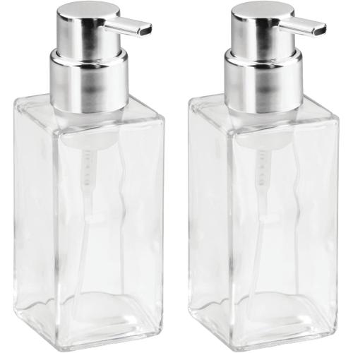 mDesign Glass Refillable Foaming Hand Soap Dispenser Modern Square Pump Bottle for Bathroom Vanities or Kitchen Sink, Countertops - 2 Pack - Clear/Chrome