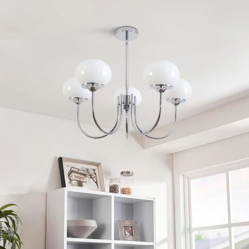 BOKT 5 Light Globe Chandelier Modern Milk Glass Chandelier Pendant Light White and Silver Vintage Semi-Flush Mount Ceiling Light for Kitchen Island Living Dining Room