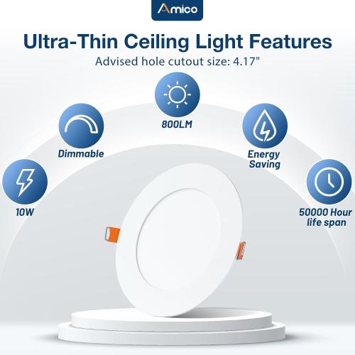 Amico  4 Inch 5CCT Ultra-Thin LED Recessed Dimmable Ceiling Light with Junction Box, 2700K/3000K/3500K/4000K/5000K Selectable, 10W Eqv 60W, 800 Lumens, High Brightness Downlight - ETL&FCC
