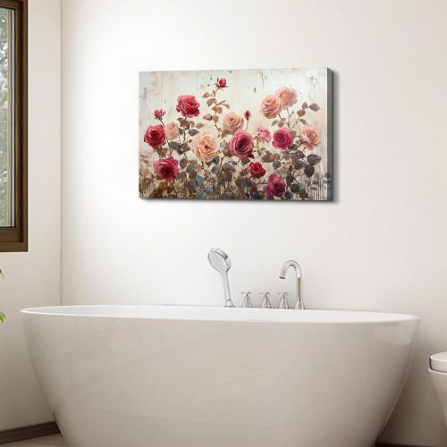 Large Pink Flower Wall Art for Bathroom Decor Vintage Floral Canvas Pictures Farmhouse Wildflower Painting Poster Modern Aesthetic Artwork Nature Botanical Canvas Prints for Bedroom Home Decorations 24x36