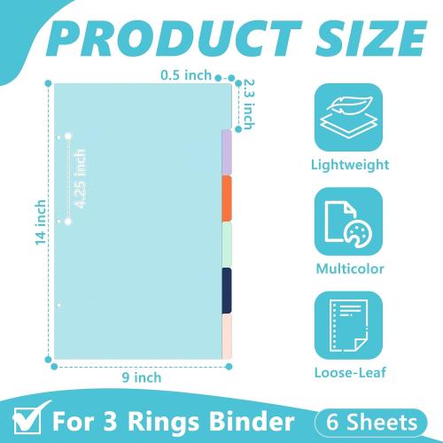 6 Sheets Platsic Legal Size 3 Ring Binder Dividers 9x14 Inch Legal Size Binder Divider Plastic Legal Tabbed Dividers Legal Index Dividers with 2 Cards Colorful File Separators for Office