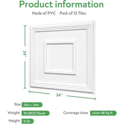 STICKGOO PVC Ceiling Tiles, 2'x2' Glue Up Ceiling Panel White to Prevent Breakage Cover 48 Sq. Ft, Pack of 10 Tiles