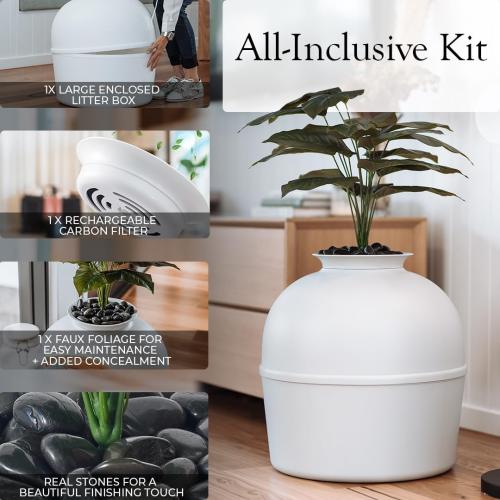 Secret Litter Box by Bundle & Bliss - Hidden Litter Box Enclosure, Patented Design with Odor Control,(NOT INCLUDED Faux Plant, Carbon Filter and Real Stones) Vivid White