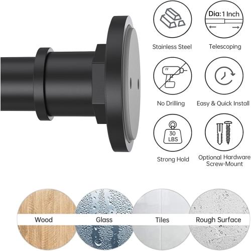 BRIOFOX Industrial Shower Curtain Rod - 2-in-1 Design Tension Curtain Rod - Never Rust Non-Slip 43 to 72 Inch Stainless Steel, Matte Black Window Curtain Rod