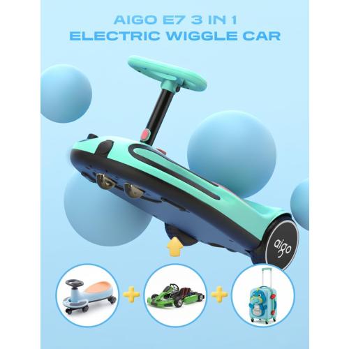 aigo Electric Wiggle Car - 21.6V Electric Car for Kids with Pedal and Pull Handle, 3 Speed Wiggle Car Ride On Toy, Swing Car with Rechargeable Battery, 100  Lights, Anti-Rollover for Ages 3  (Blue)