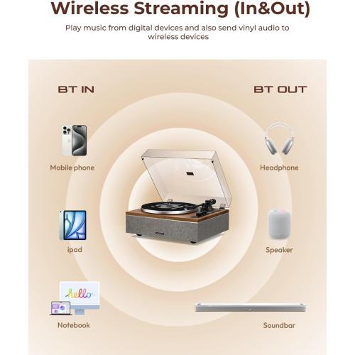QLEARSOUL ONE-S Vinyl Record Player with Bluetooth Input/Output, All-in-One Vintage Turntable Built in Speakers, Phono Preamp & DSP, AT-3600L Cartridge, 33/45 RPM (Walnut)‼️light dirt‼️