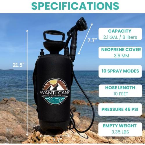 2.1 Gallon Pressurized Portable Camping Shower | 10-Mode Spray Head | Premium Neoprene Insulated Sleeve & Padded Shoulder Strap | Rinse Kit for Surf, Sand, RV, Road Trips & Pets | Black