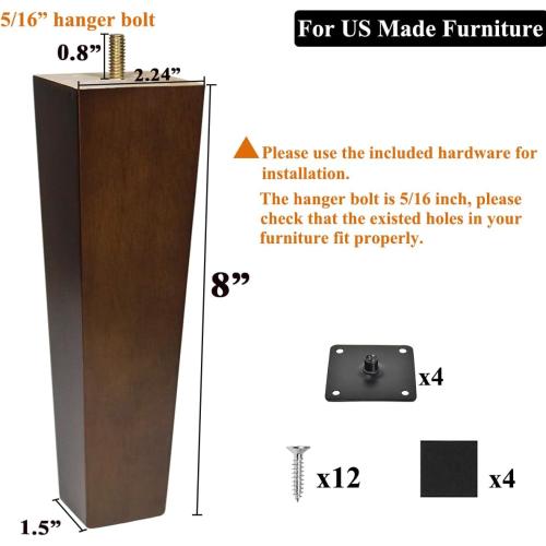 AORYVIC Wood Furniture Legs 8 inch Sofa Legs Set of 4 Square Replacement Legs Brown for MCM Ottoman Armchair Recliner Coffee Table Dresser