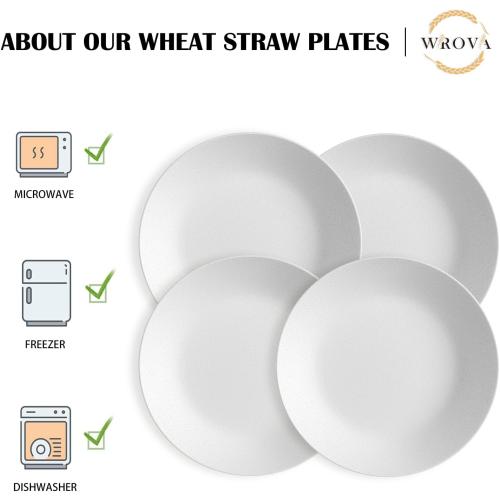 White Wrova Wheat Straw Dinner Plates 10 Inch Unbreakable Set of 8 - Dishwasher & Microwave Safe Plastic Plates Reusable - Lightweight Plates for kitchen,camping,picnic,R.V. - White