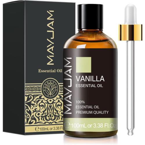 Vanilla Essential Oil 100ml, MAYJAM Premium Essential Oils for Aromatherapy, Diffuser, Soap Making, Candle Making, Large Bottle Vanilla Oil with Gift Box(3.38fl.oz)