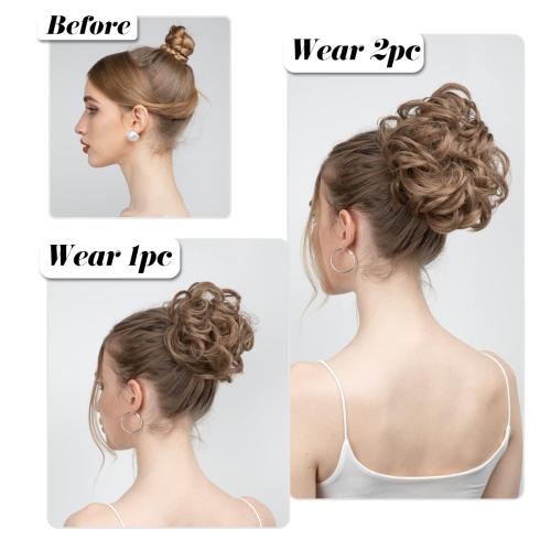 SARLA 2PCS Messy Hair Bun Hair Pieces Wavy Curly Synthetic Updo Fake Scrunchies Ponytail Extension for Women Dark Brown