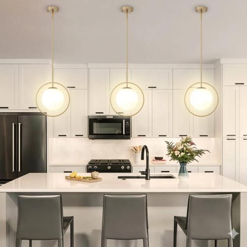 Gold Pendant Light for Kitchen Island, Brass Globe Pendant Light Fixtures,Mid Century Hanging Light Fixtures, Large Lighting with Adjustable Height for Dinning Room
