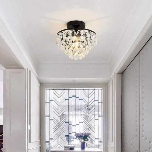 YYJLX Modern Small Crystal Ceiling Light Fixture Mini Black Semi Flush Mount Chandelier Light Fixture for Hallway Bedroom Bathroom Closet e26
