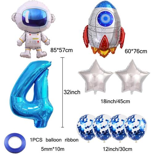 Astronaut Rocket 4th Birthday Party Balloons Jumbo Spaceman Birthday Balloons Outer Space Theme Foil Balloons 32 Inch Blue Number 4 Helium Balloon for Birthday Party