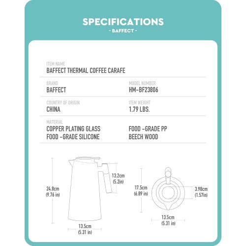 White 1L Baffect Thermal Carafe, 34oz Thermal Vacuum Carafe with Glass Liner and Wood Handle Insulated Coffee Carafe for Coffee Tea Hot or Cold Drinks(1 Liter, White)